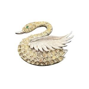 Kenneth Lane Signed Vintage Green Eye Pave Swan Brooch‎